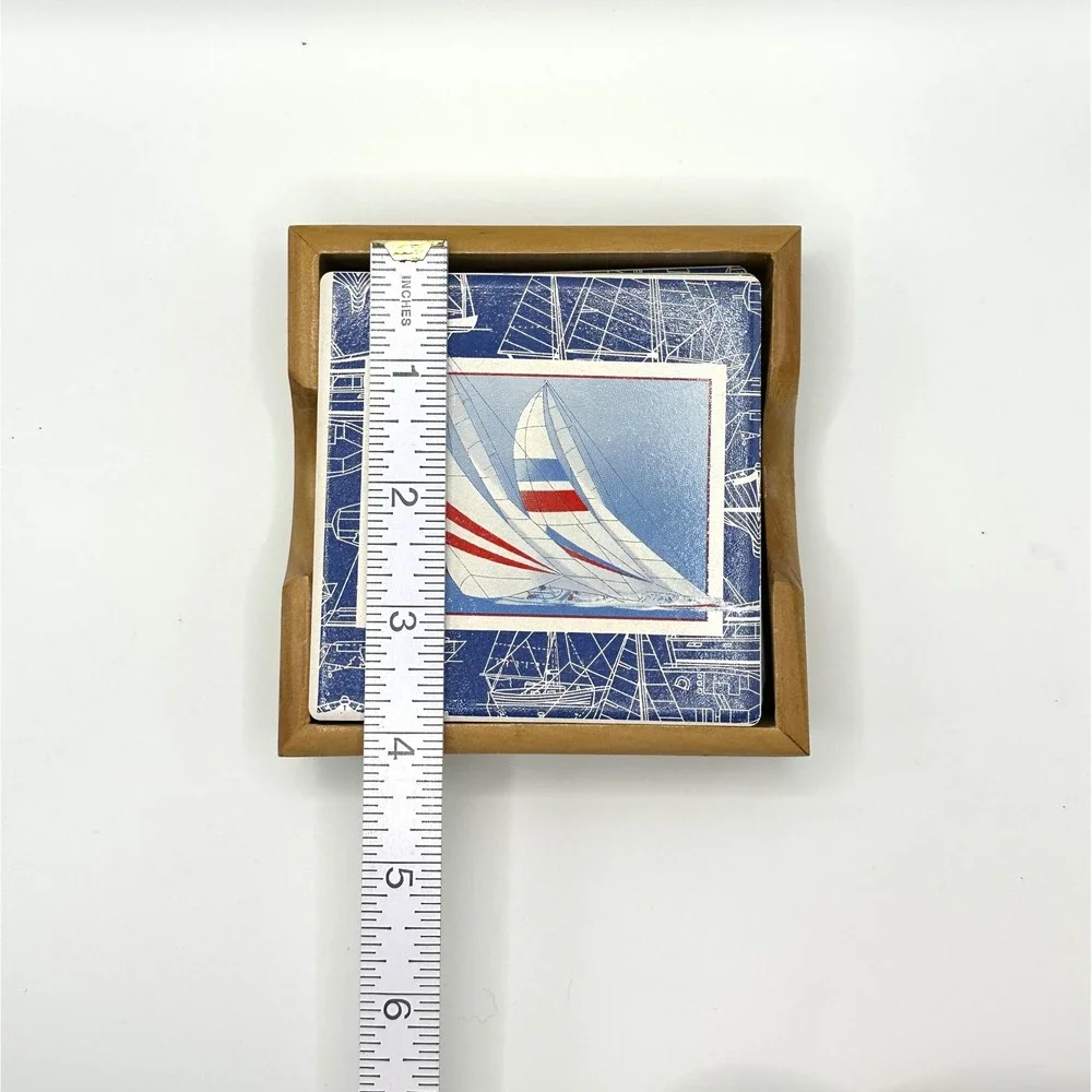 Vintage Nautical Sailboat Ceramic Coaster Set of 4 with Wood Holder Blue White‎